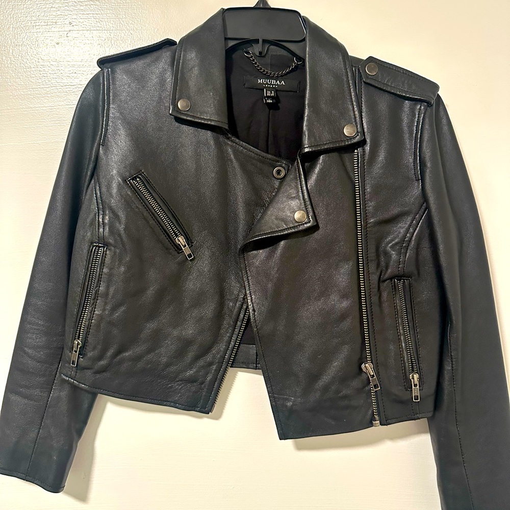 MUUBAA 100% black cropped leather jacket. Size 2. Excellent condition